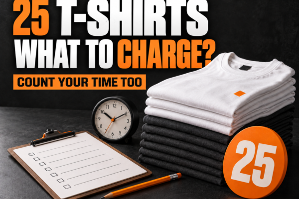 25 T-shirts: what to charge? Folded shirts, order checklist and clock