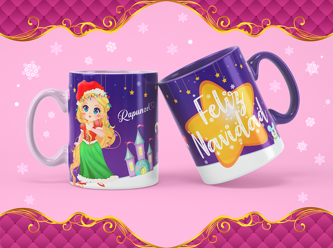 Rapunzel with hanging stars on a purple mug wrap.