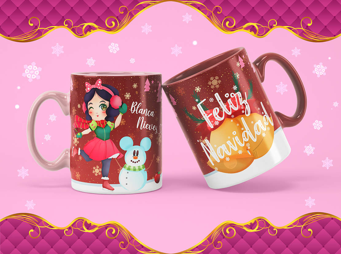Snow White with a red Christmas background.